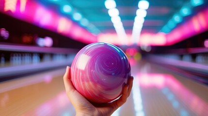A person holding a bowling ball in a bowling alley. Suitable for sports and leisure concepts