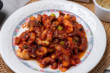 Seafood, Korean food, octopus, stir-fry, jukkumi, squid, side dishes, perilla leaves, bean sprout soup, kimchi, chili pepper paste, spicy