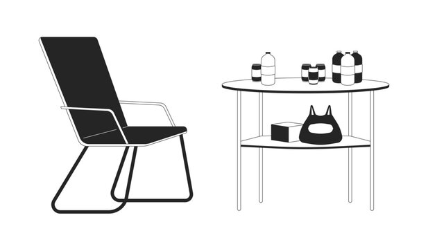 Camping outdoor equipment black and white 2D line cartoon objects set. Camp furniture table isolated vector outline items collection. Bottles water, can soda monochromatic flat spot illustrations
