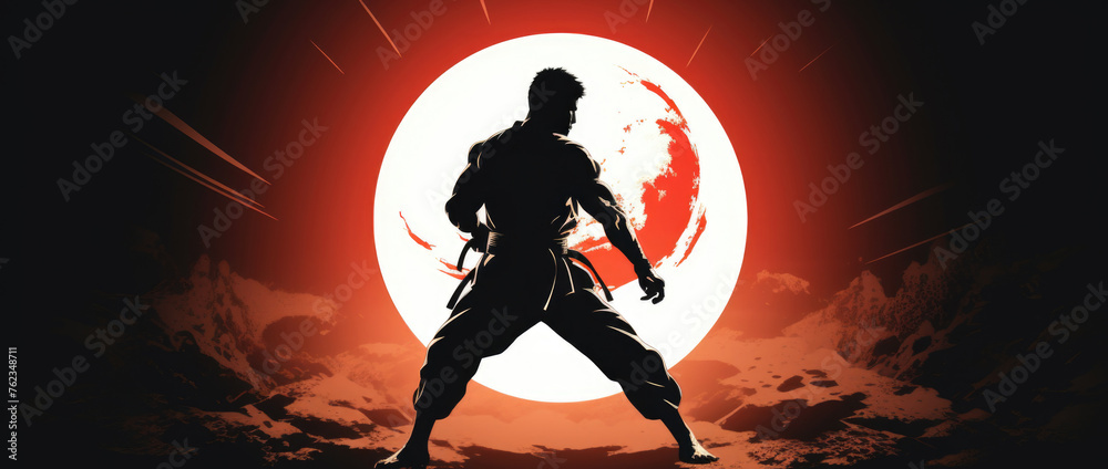 Poster a man standing in front of a red sun, suitable for various concepts and designs