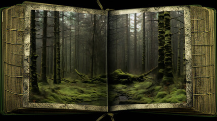 Mystical moss covered tree trunks in a dark foggy forest with a vintage book cover. - obrazy, fototapety, plakaty