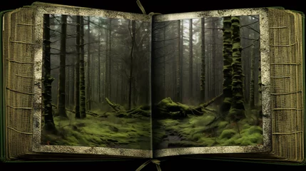 Foto op Plexiglas Mystical moss covered tree trunks in a dark foggy forest with a vintage book cover. © ahmednadia