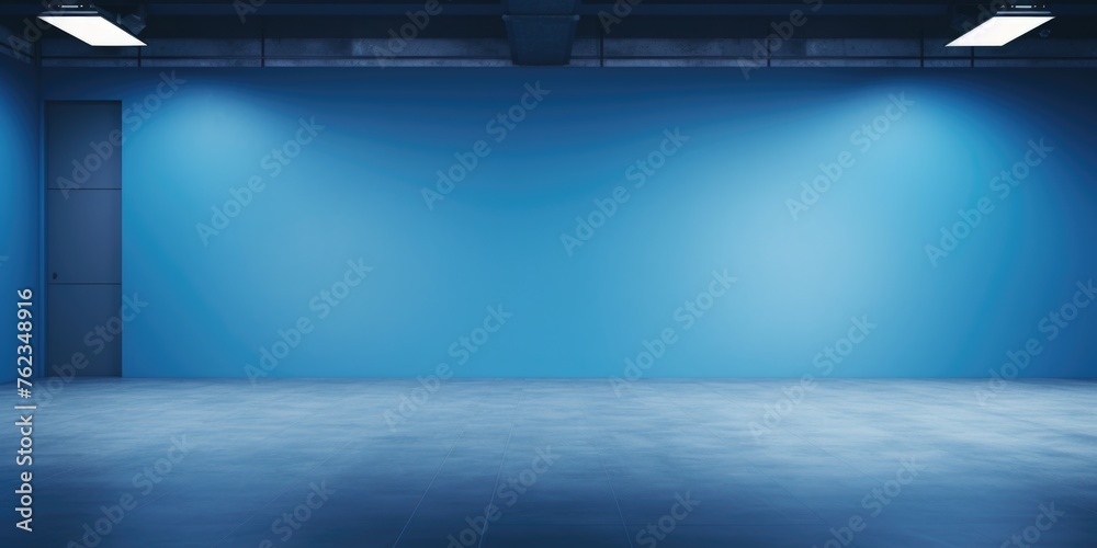 Poster A simple image of an empty room with blue walls and lights. Suitable for various design projects