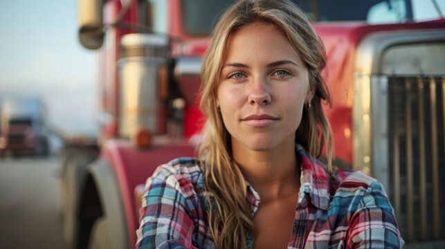 Portrait of a beautiful young woman professional truck driver in the background of a truck. People and transportation concept.