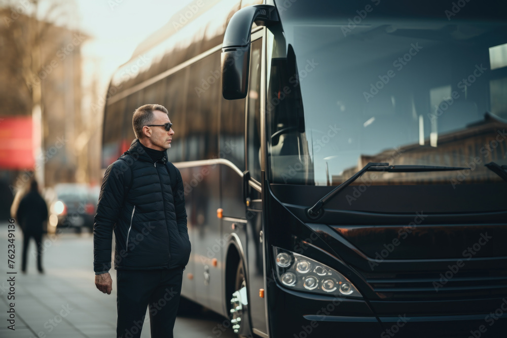 Poster a man standing in front of a bus on a city street. suitable for transportation concepts