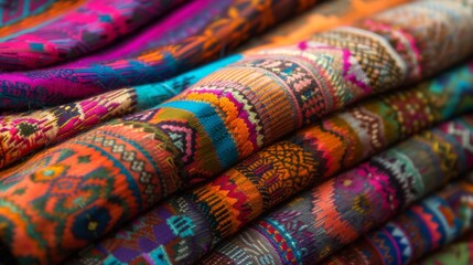 Textile originating from South America, adorned with vivid hues and elaborate patterns, expertly arranged to accentuate its cultural elegance.