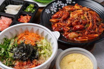 Seafood, Korean food, octopus, stir-fry, jukkumi, squid, side dishes, perilla leaves, bean sprout soup, kimchi, chili pepper paste, spicy