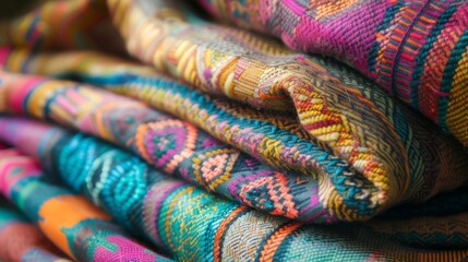 Fototapeta premium Textile originating from South America, adorned with vivid hues and elaborate patterns, expertly arranged to accentuate its cultural elegance.