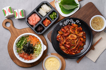 Seafood, Korean food, octopus, stir-fry, jukkumi, squid, side dishes, perilla leaves, bean sprout soup, kimchi, chili pepper paste, spicy