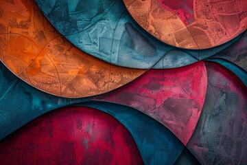 Closeup of a dynamic abstract painting featuring vibrant red and blue colors in bold geometric shapes