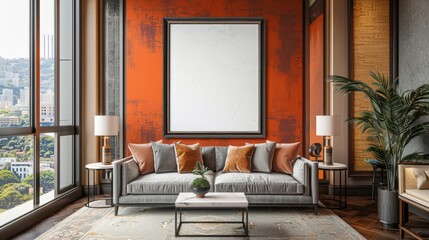 Modern living room, with blank frame for mockups