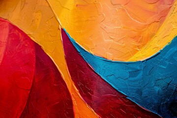 Detailed view of a colorful abstract painting featuring bold red, yellow, blue, and orange hues
