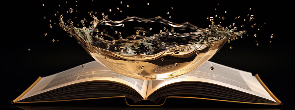 3D rendering of a book with water in a golden chalice on the pages with a black background.
