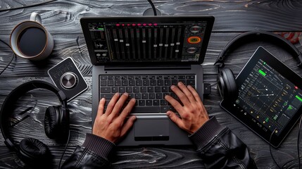 Creative Sound Mixing Music Producer's Hands at Work with DJ Software Tablet and Coffee Professional Audio Editing and Production with Headphones