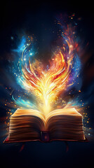Fantasy book cover with magic fire and light effects.