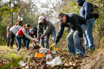 A diverse group of community members coming together to clean up the forest by digging in the woods - obrazy, fototapety, plakaty