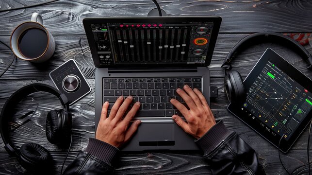 Creative Sound Mixing Music Producer's Hands at Work with DJ Software Tablet and Coffee Professional Audio Editing and Production with Headphones