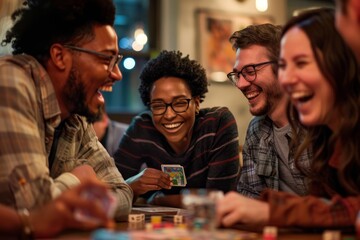 A group of friends having a game night, laughing and strategizing as they play a game of monopoly around a table