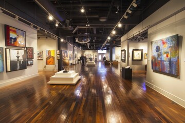 A large room with polished wooden floors filled with a variety of paintings displayed on the walls