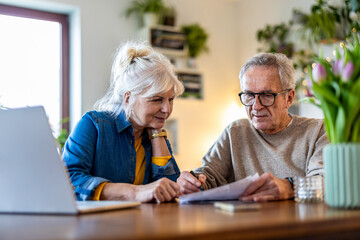 Senior couple sitting at the table discussing home finances
- 762349957