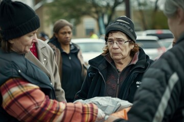Group of volunteers distributing blankets and food at a homeless shelter, assisting individuals in need - obrazy, fototapety, plakaty