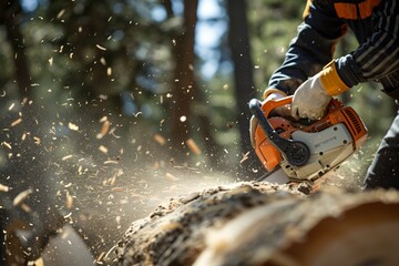 Lumberjack Precision: Chainsaw Cutting Timber in Sunlit Forest
