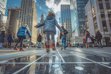 A diverse group of individuals walking together down a busy city street surrounded by buildings and cars