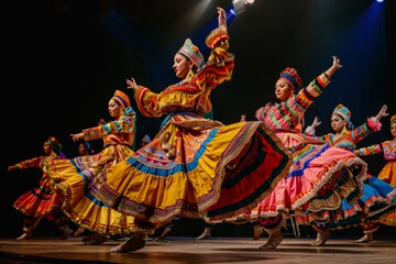 A group of people showcasing cultural dances on a stage, wearing traditional attire and moving...