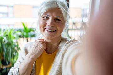 Portrait of smiling senior woman taking selfie with mobile phone at home
