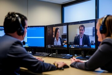A man and a woman are sitting in front of three computer monitors, actively participating in a virtual meeting using video conferencing software