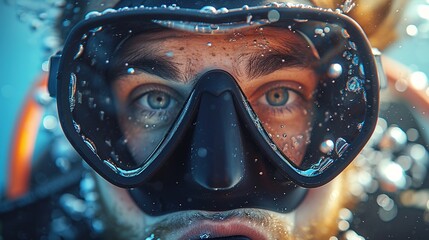 Close-up portrait of a bearded man in a diving mask - obrazy, fototapety, plakaty