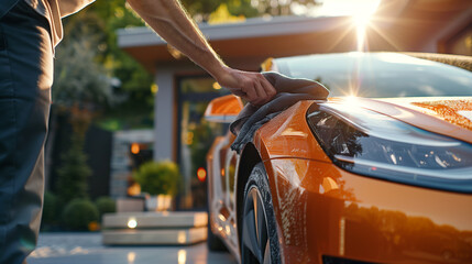 Hand polishing an orange car with a microfiber cloth.