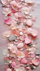 Obraz premium Pink petals, stones, and hearts; a delicate floral arrangement. 