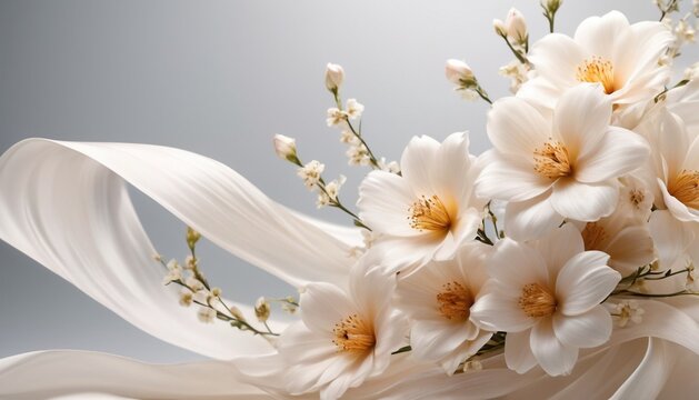 Spring white flowers on flowing white silk, abstract background for card, invitation, prints or wallpaper.