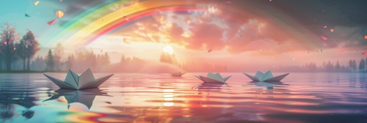 A 3D rendering of a serene lake, where origami boats sail on mirrored waters under a crayon-drawn rainbow