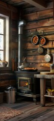 A 3D rendering of a rustic cabin kitchen, with a wood stove, cast iron cookware, and a hearty stew simmering