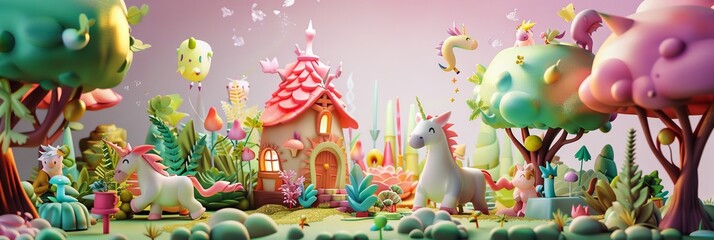 A 3D scene of a cute fantasy farm with unicorns and dragons helping with chores like watering magical plants and tending to mythical creatures