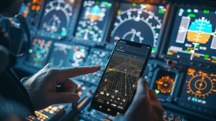 HighFlying Technology Pilot Checking Flight Plans on Smartphone with Navigation and Weather Apps