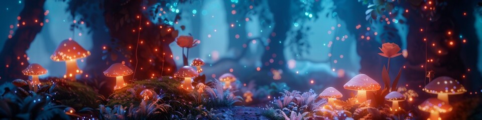 Fototapeta na wymiar A 3D scene of a cute, mythical forest clearing where tiny, glowing creatures have a starlit feast with a banquet of miniature delicacies
