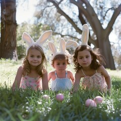 Joyful Easter Hunt: Children with Bunny Ears Playing in a Sunlit Garden
