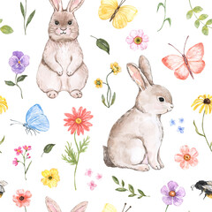 Cute rabbits and flowers seamless pattern. A watercolor Easter-themed print features bunnies, butterflies, and wildflowers. Nursery holiday design. - 762351556