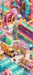A cute isometric 3D model of a whimsical candy factory, with conveyors of colorful sweets and tiny workers in candy-themed outfits