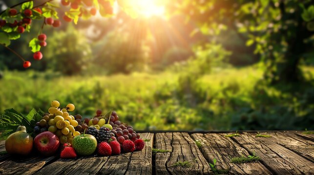Various kinds of fruit on a wooden table with a plantation background