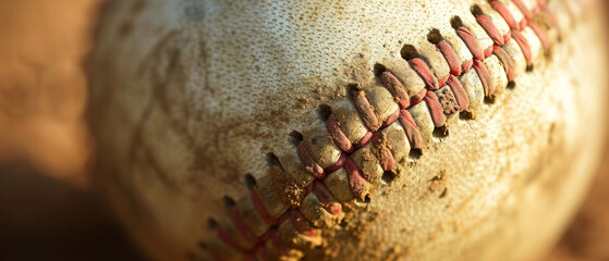 Dirty leather baseball ball on green baseball field. Professional sport equipment. Close up. Generative ai - obrazy, fototapety, plakaty