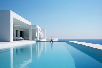 Modern architecture, minimalist white villa with infinity pool overlooking the ocean, blue sky