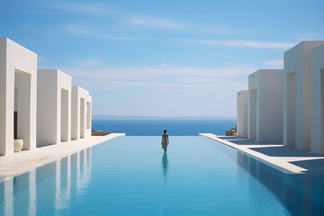 Infinity pool with a woman in a white dress, with the ocean in the background. - obrazy, fototapety, plakaty