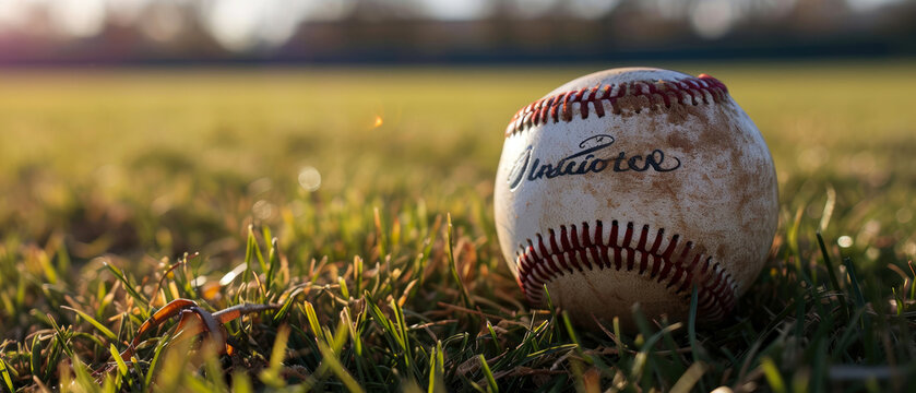 Dirty leather baseball ball on green baseball field. Professional sport equipment. Close up. Generative ai
