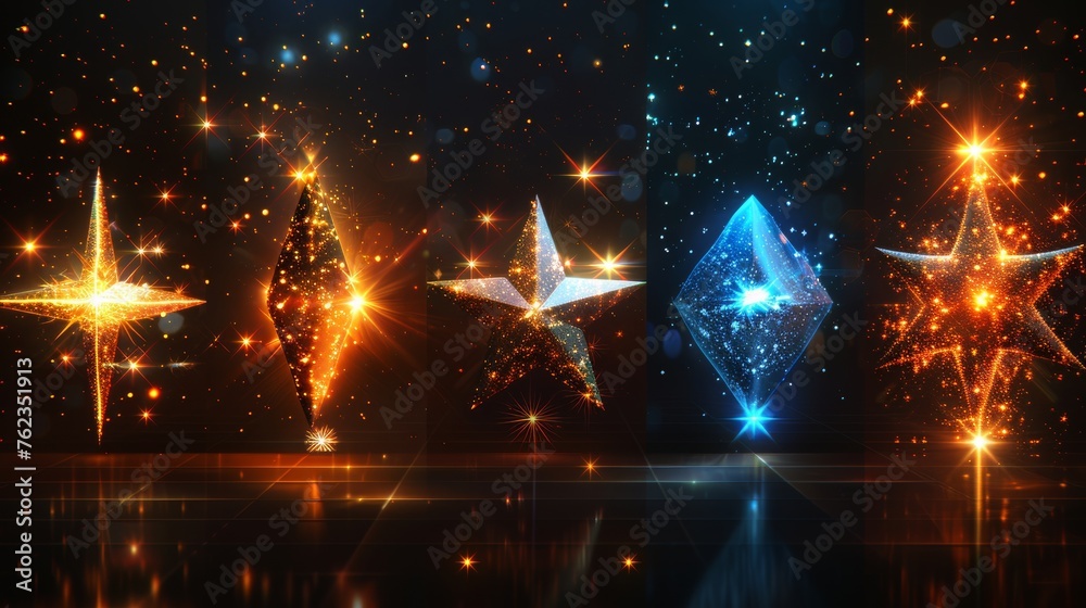 Poster a collection of lens flares, rays, stars and sparkles with bokeh on a plaid modern background.