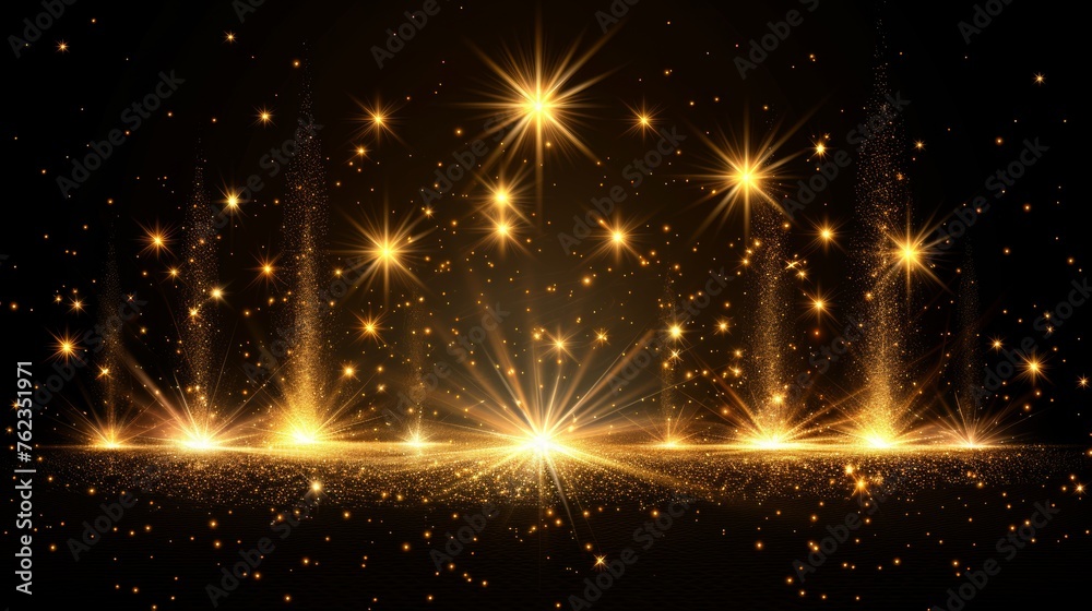 Poster a set of golden glowing lights effects isolated on transparent background. flash of the sun with ray