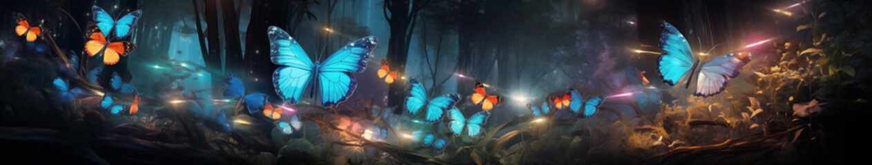 Fototapeta na wymiar Ethereal Blue Butterflies Over Enchanted Forest Floor